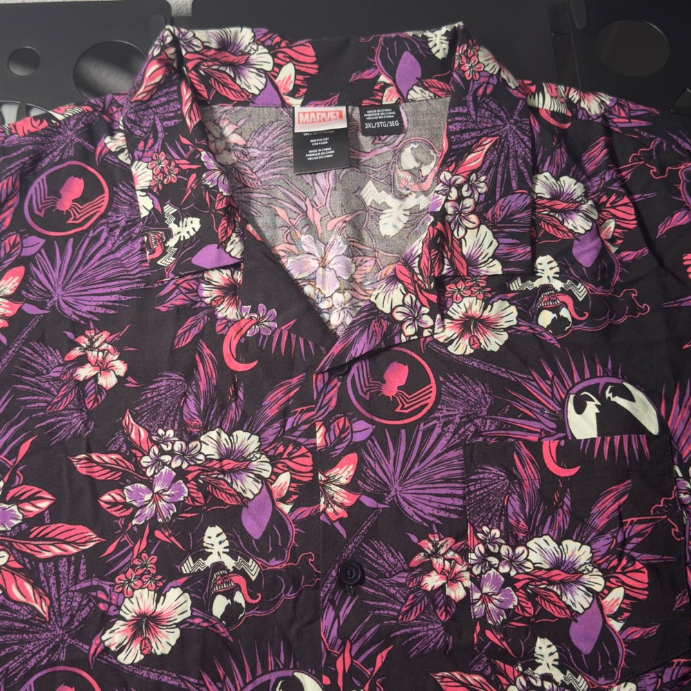 Marvel Venom Button Down Shirt Mens 3XL Black Purple Tropical Floral Excellent - Picture 4 of 11